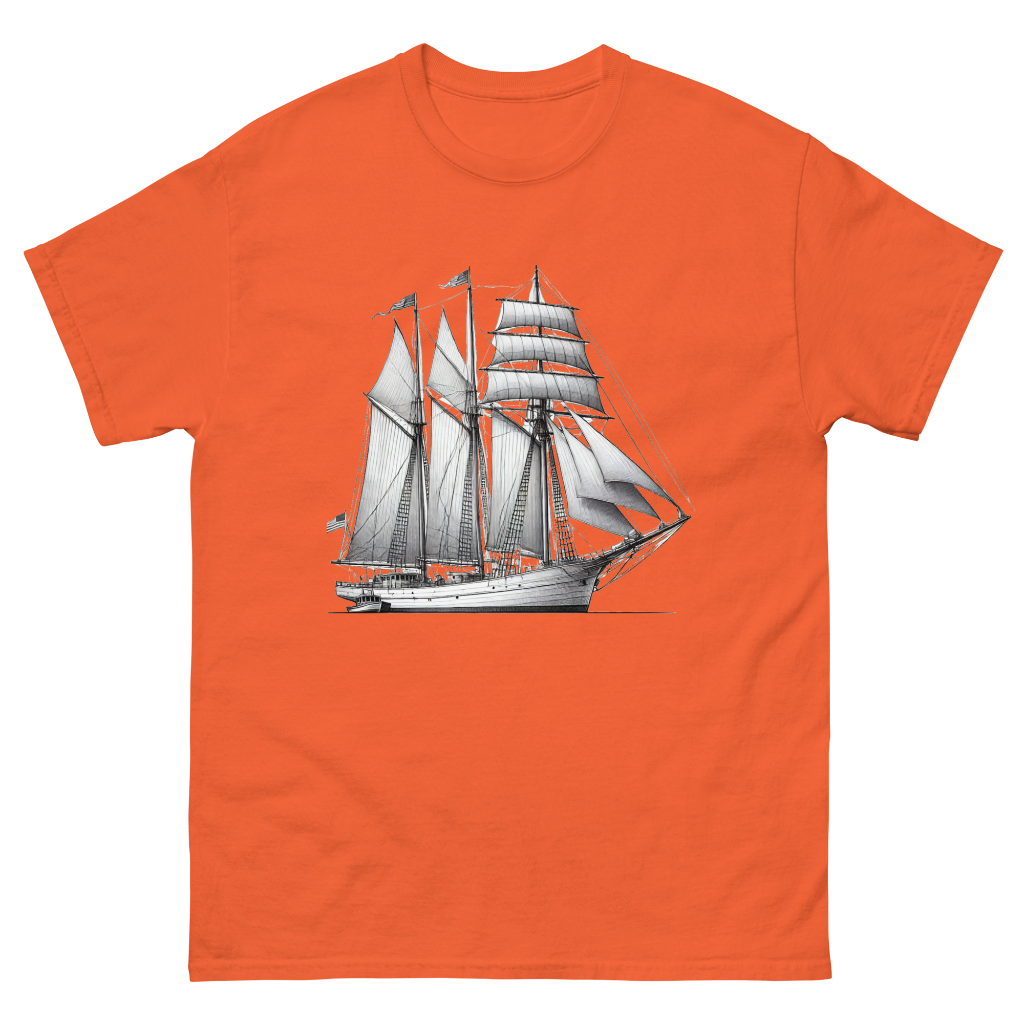 Schooner sailboat line drawing t-shirt in orange color, front view