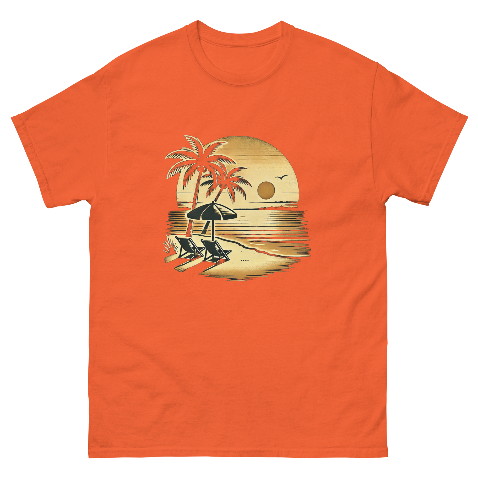 Beach serene scene at sunset t-shirt in orange color, front view