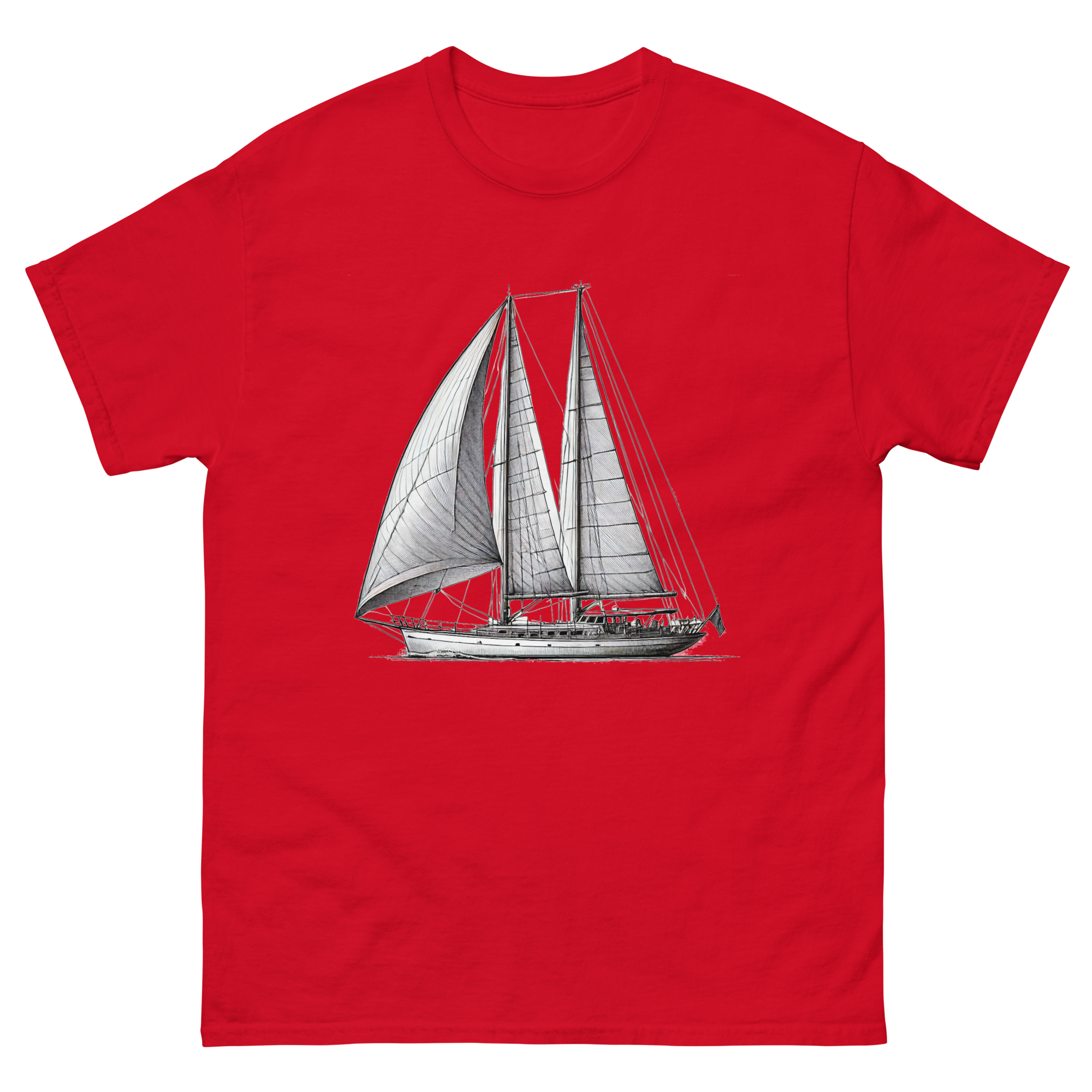 Ketch Sailboat Line Drawing T-Shirt in Red