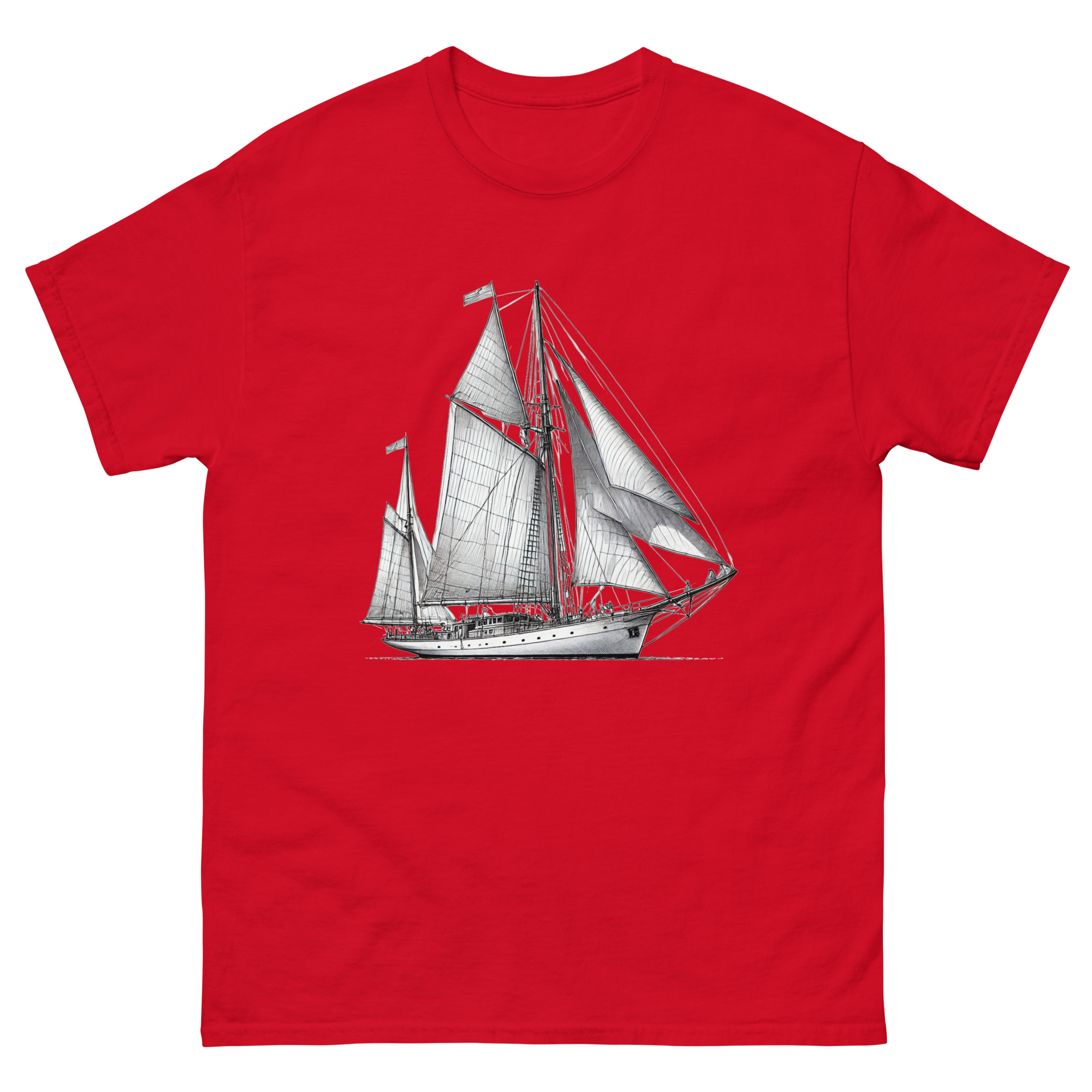 Cutter Rig Yawl Sailboat Line Drawing T-Shirt in Red