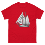 Gaff rig ketch sailboat line drawing t-shirt in red, front view