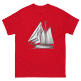 Gaff rig ketch sailboat line drawing t-shirt in red, front view