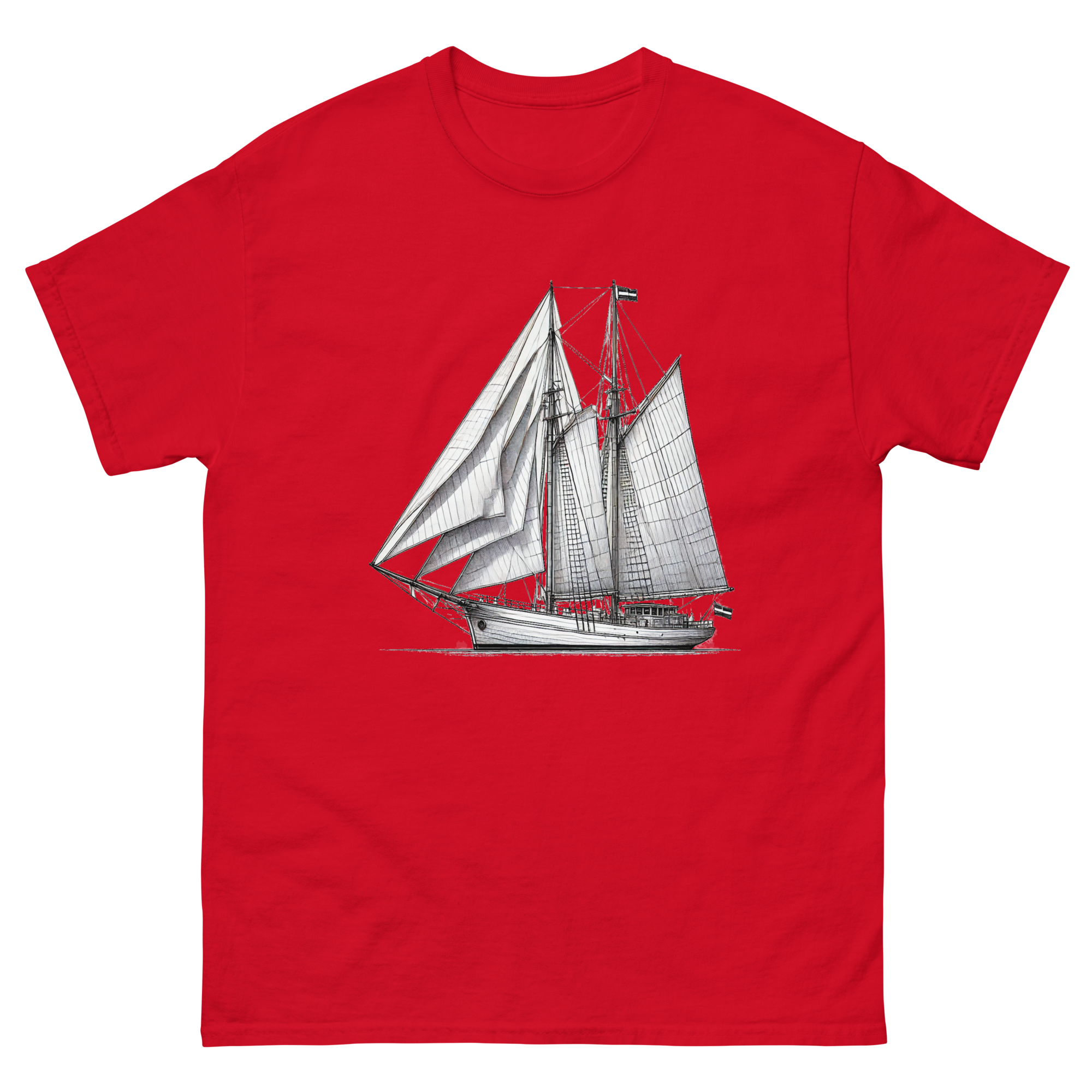 Gaff rig ketch sailboat line drawing t-shirt in red, front view