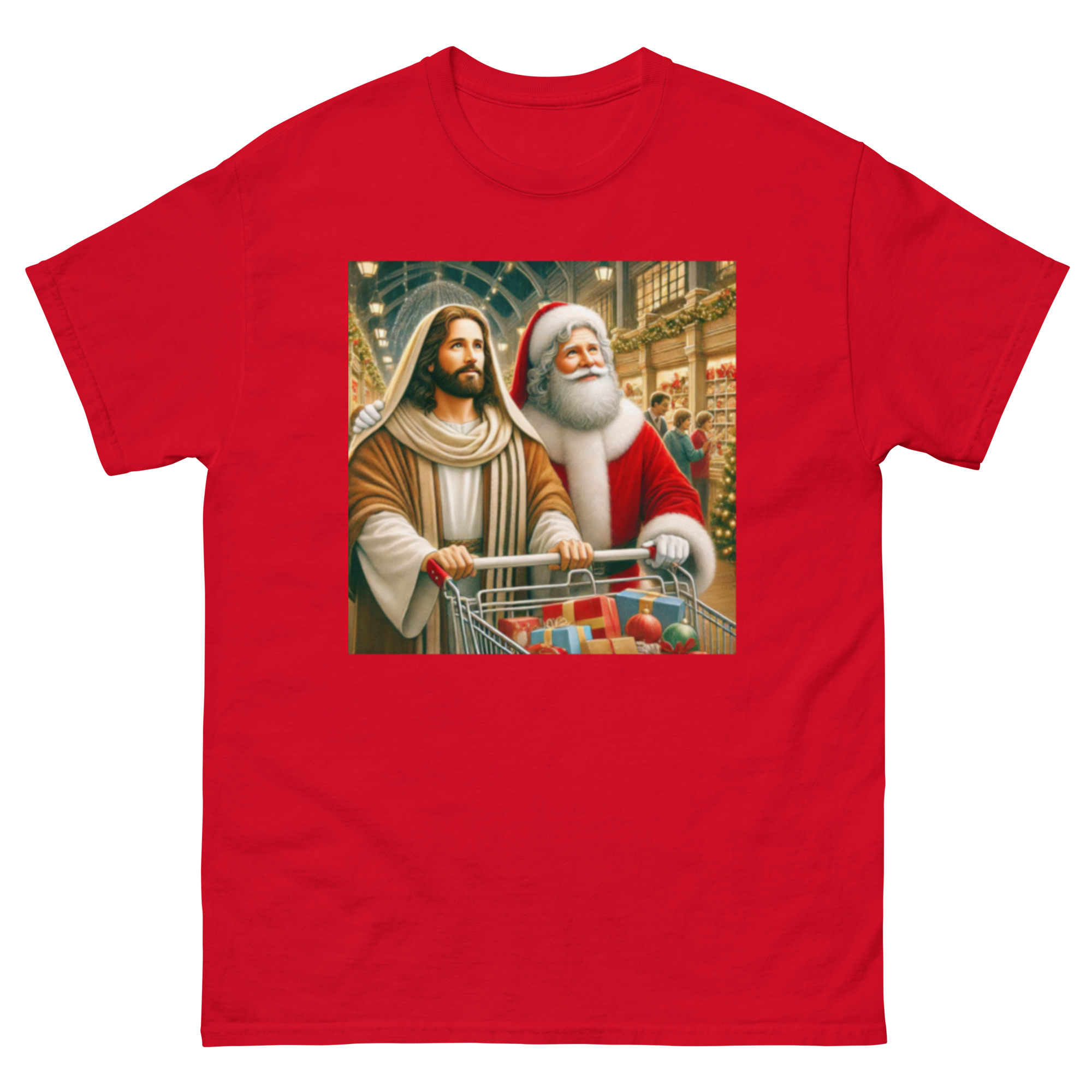 Santa and Jesus Christmas Shopping tee