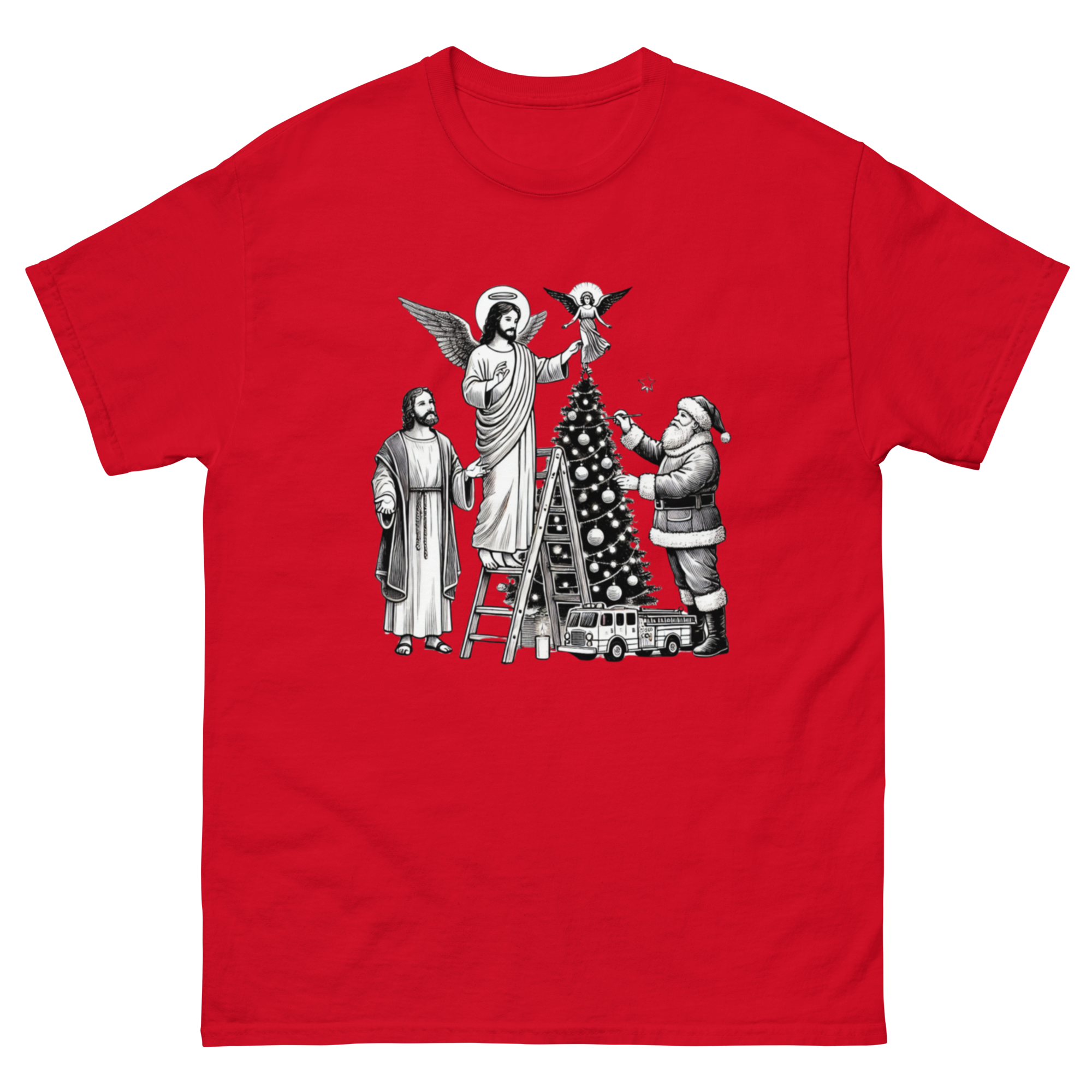 Jesus and Santa Decorating the Christmas Tree tee