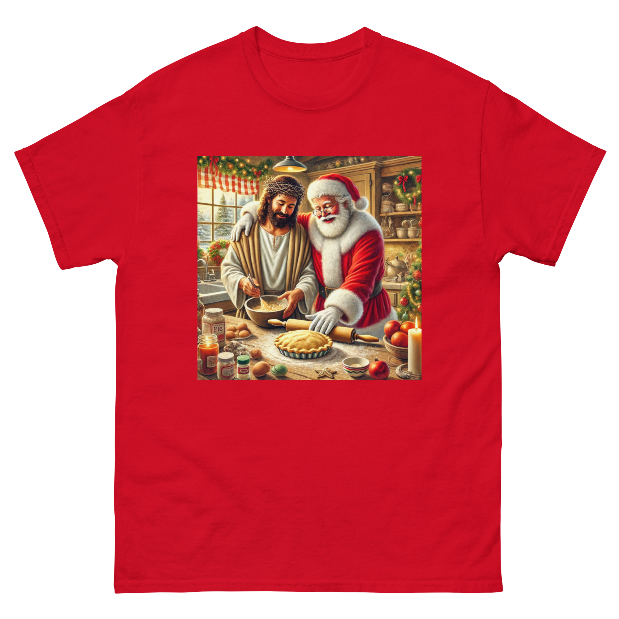 Santa and Jesus Making a Pie tee