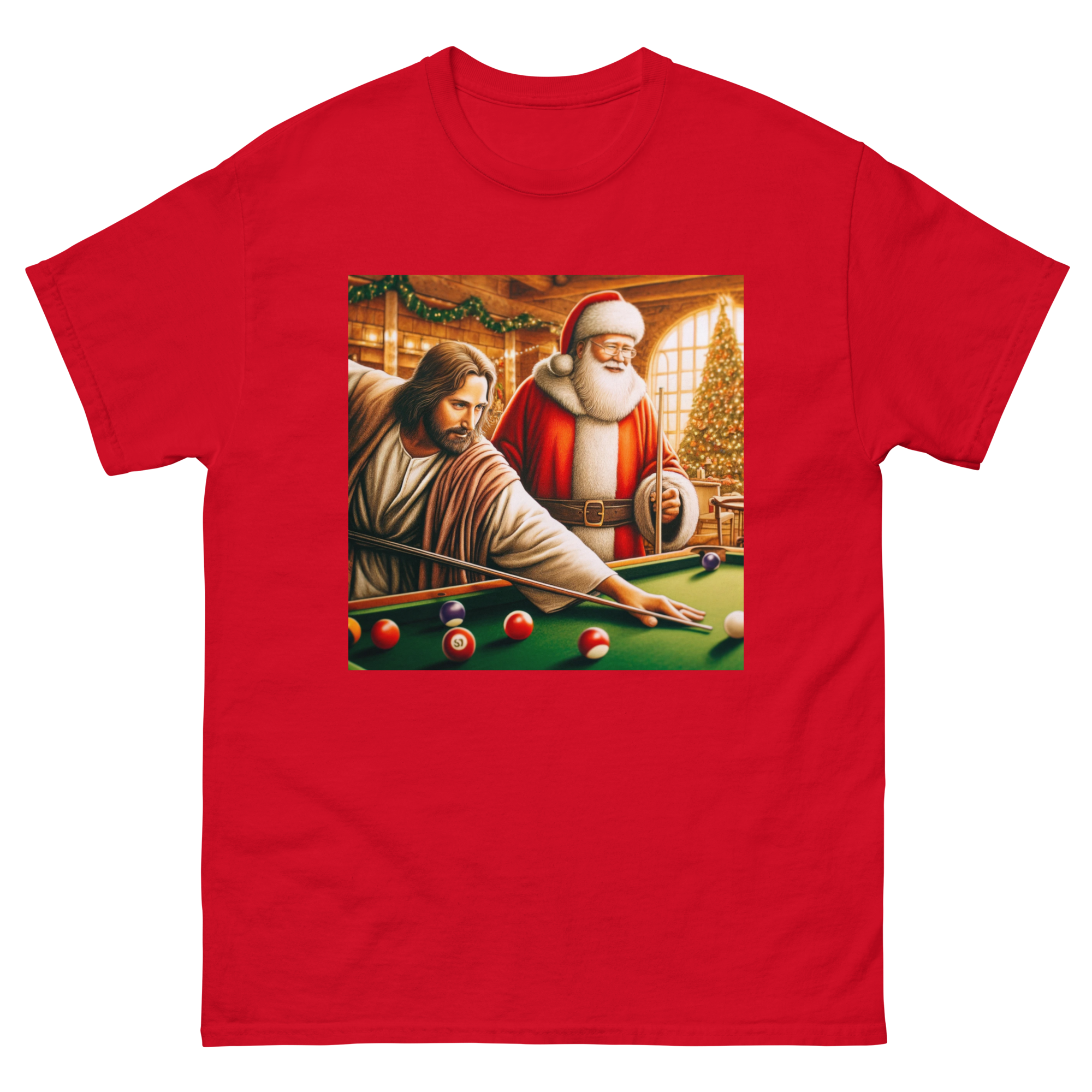 Santa and Jesus Shooting Pool tee