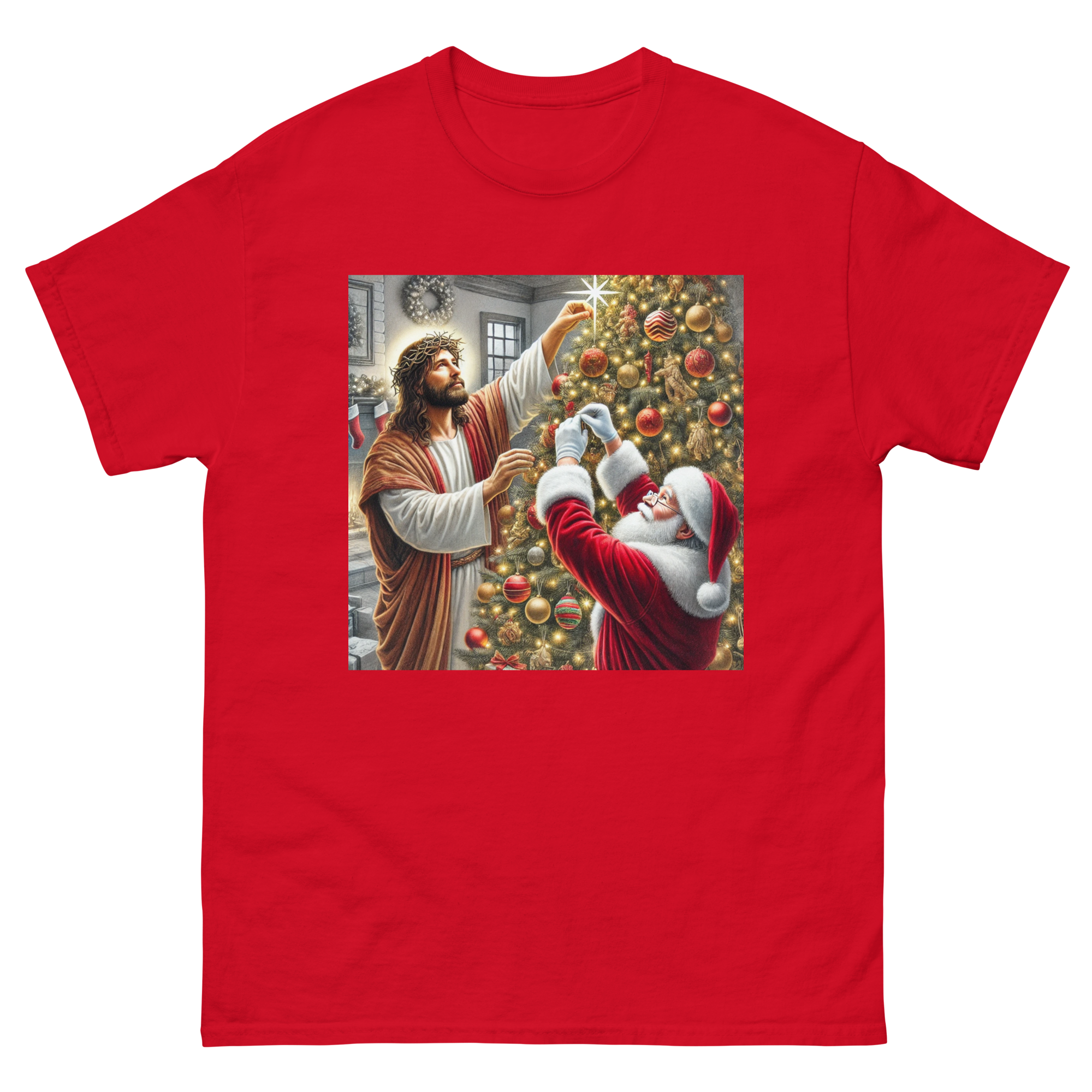 Santa and Jesus Decorating the Tree tee