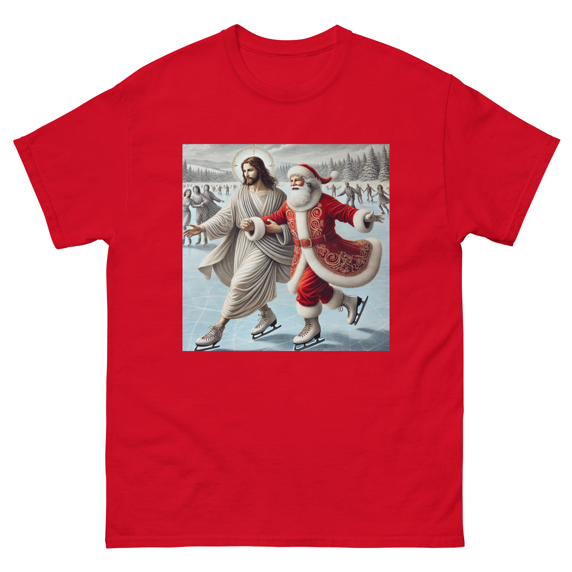 Santa and Jesus Ice Skating tee