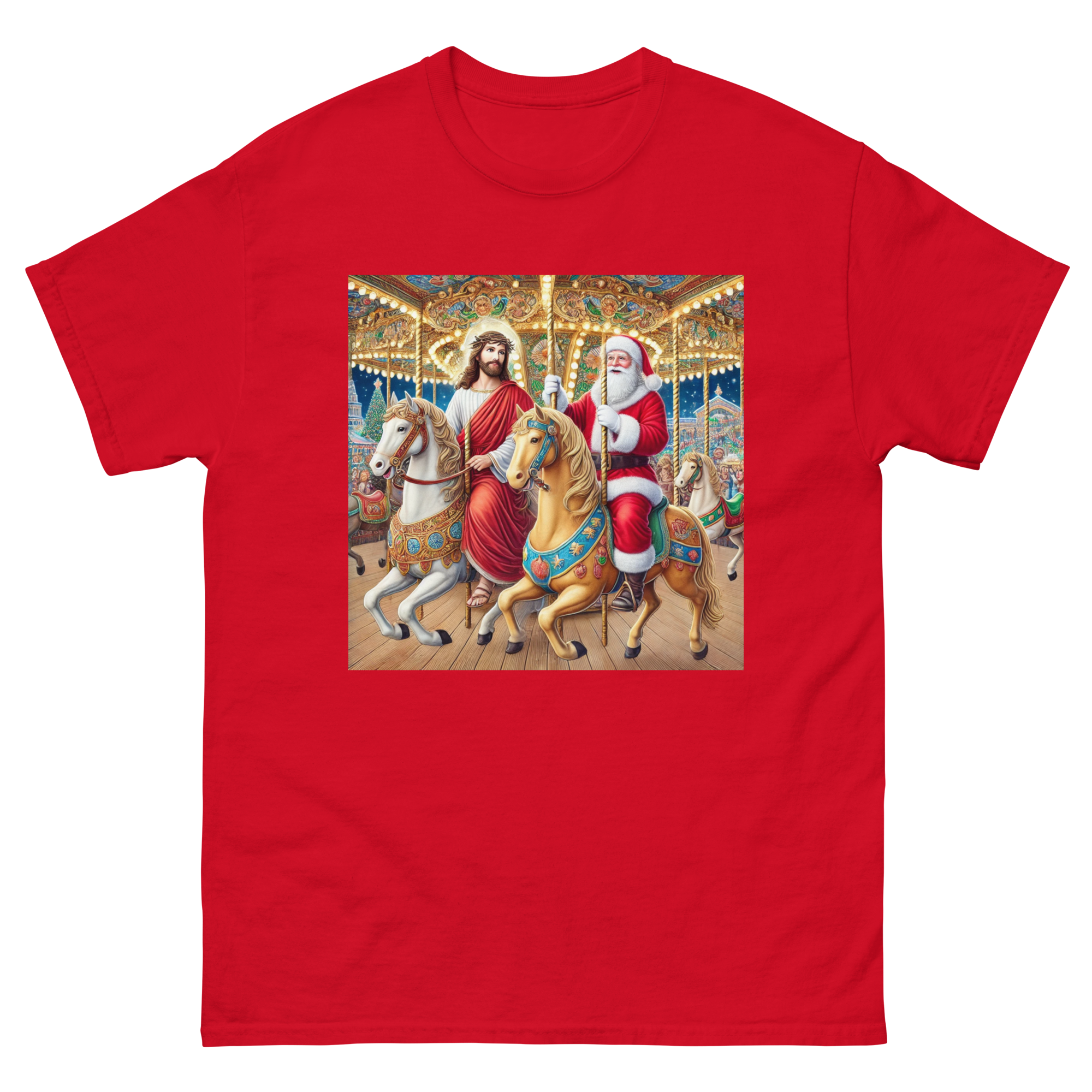 Santa and Jesus riding a carousel tee