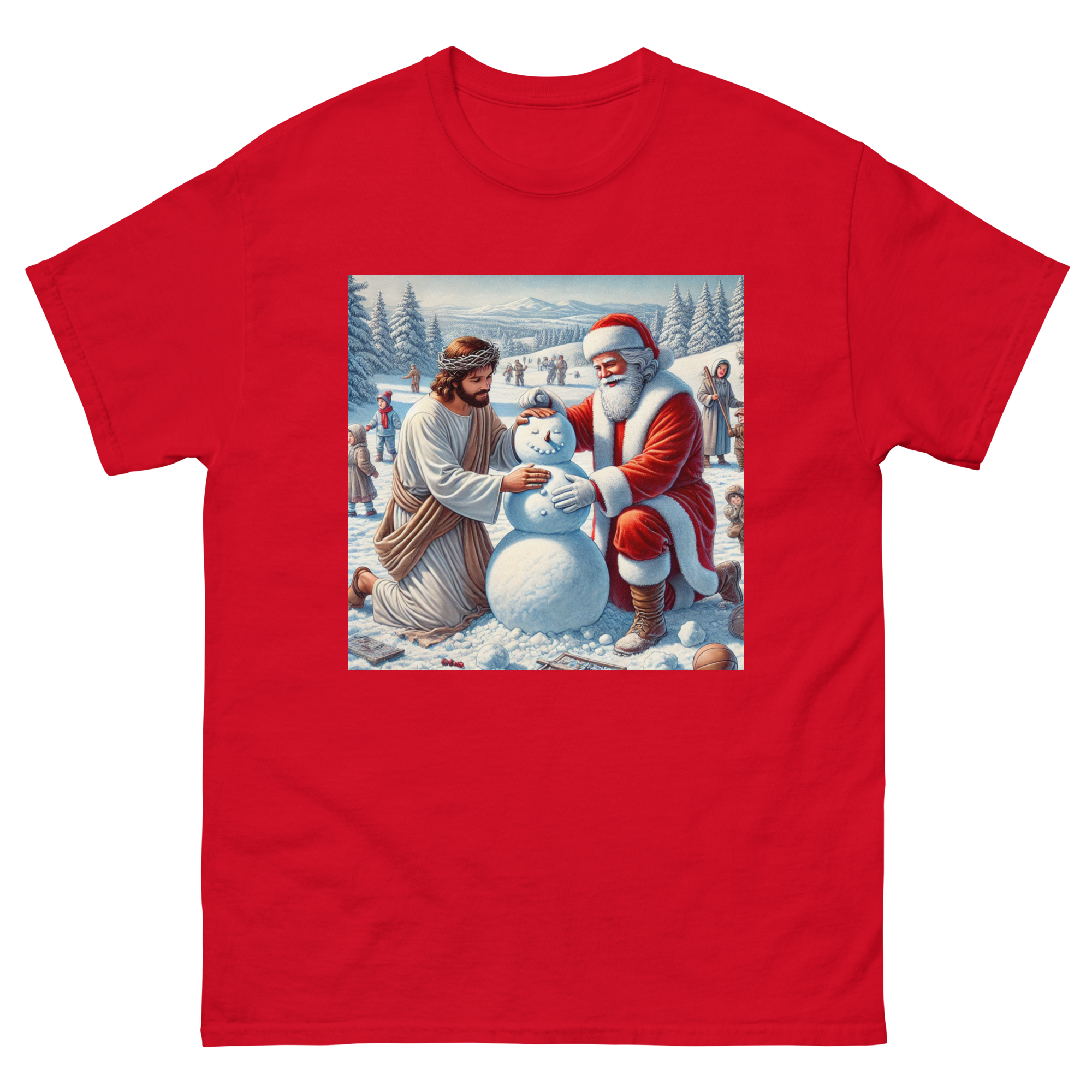 Santa and Jesus making a snowman tee