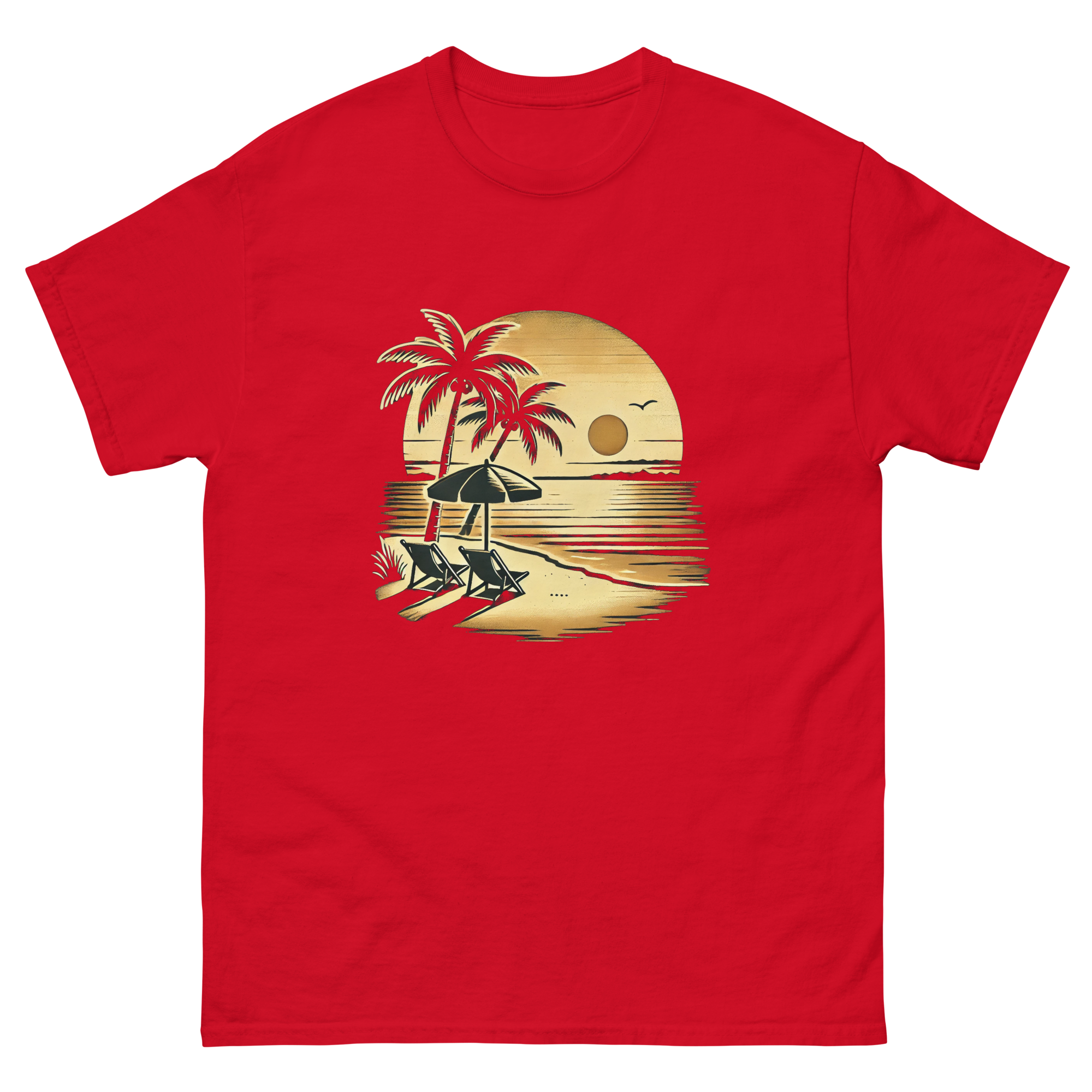 Beach serene scene at sunset t-shirt in red color, front view