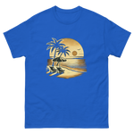 Beach serene scene at sunset t-shirt in royal blue color, front view