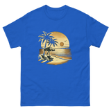 Beach serene scene at sunset t-shirt in royal blue color, front view