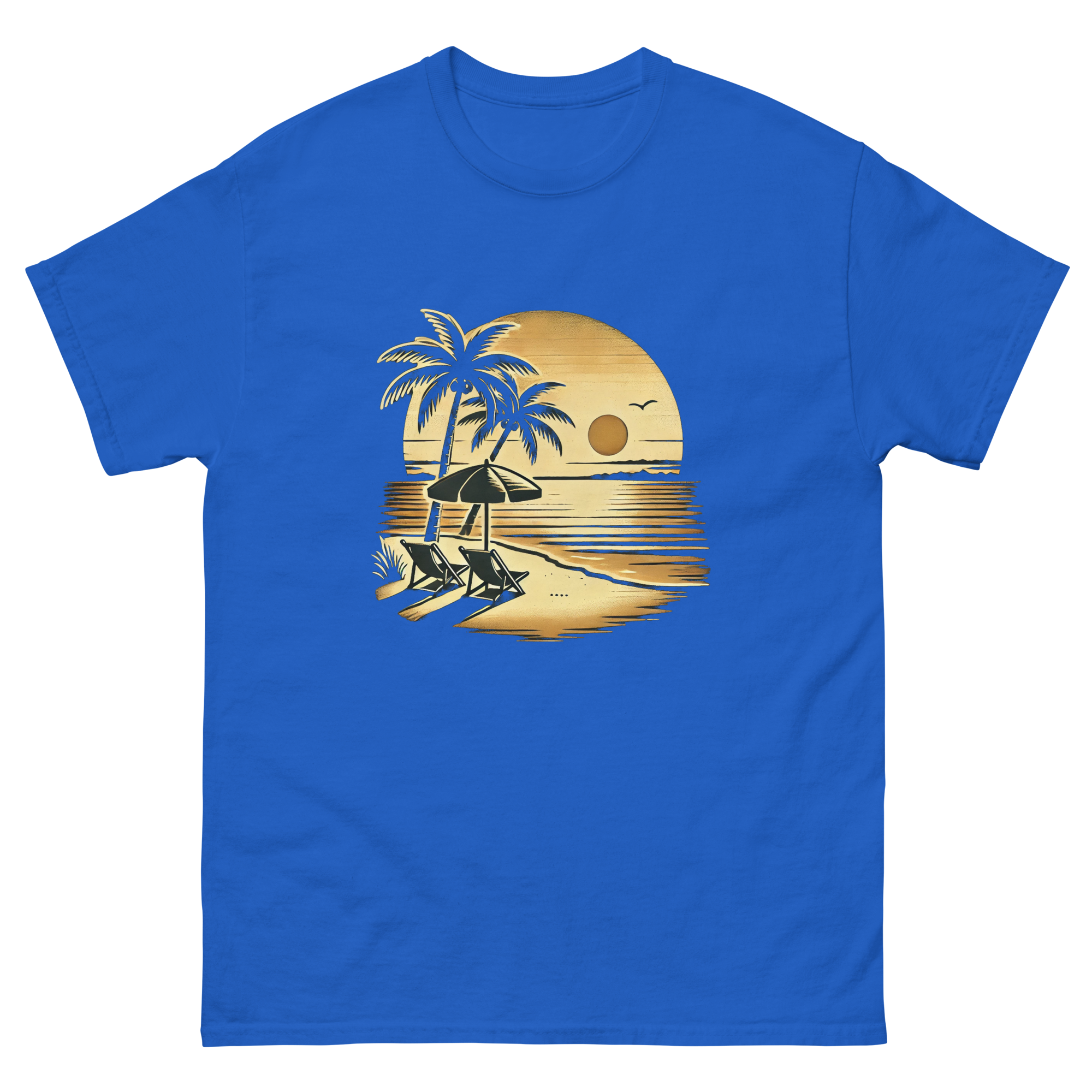 Beach serene scene at sunset t-shirt in royal blue color, front view