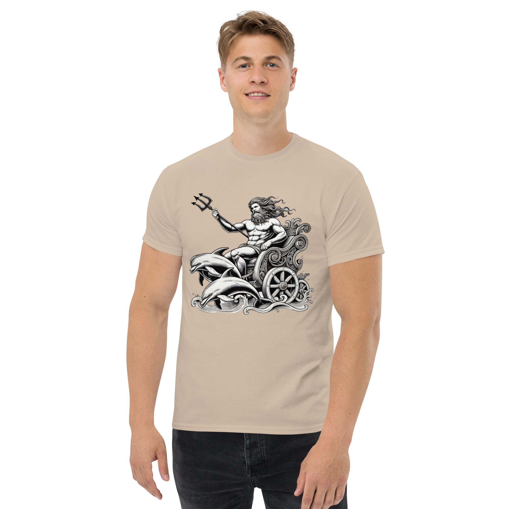 Poseidon Chariot Dolphins T-Shirt in Sand