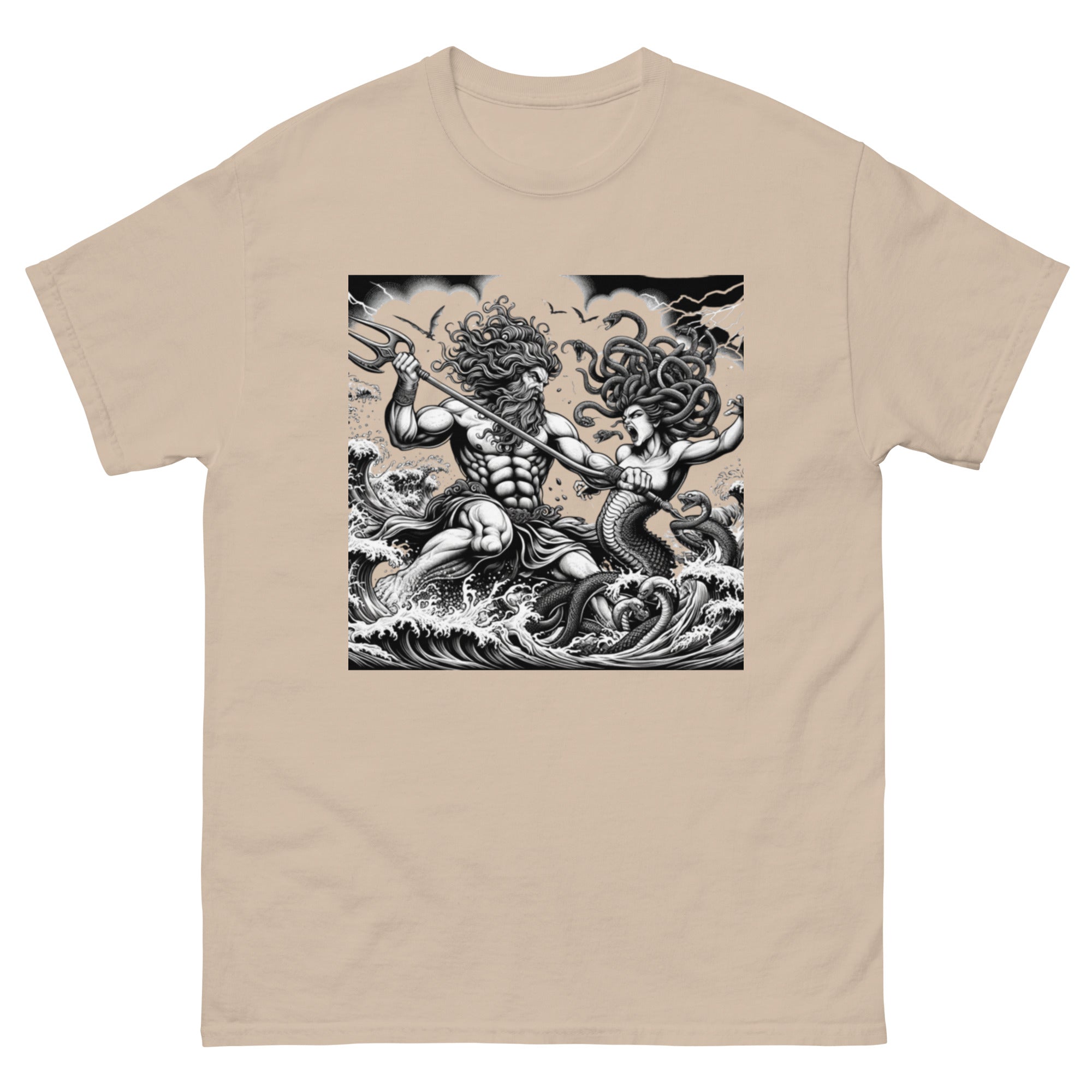 Poseidon Battling Medusa T-Shirt in Sand