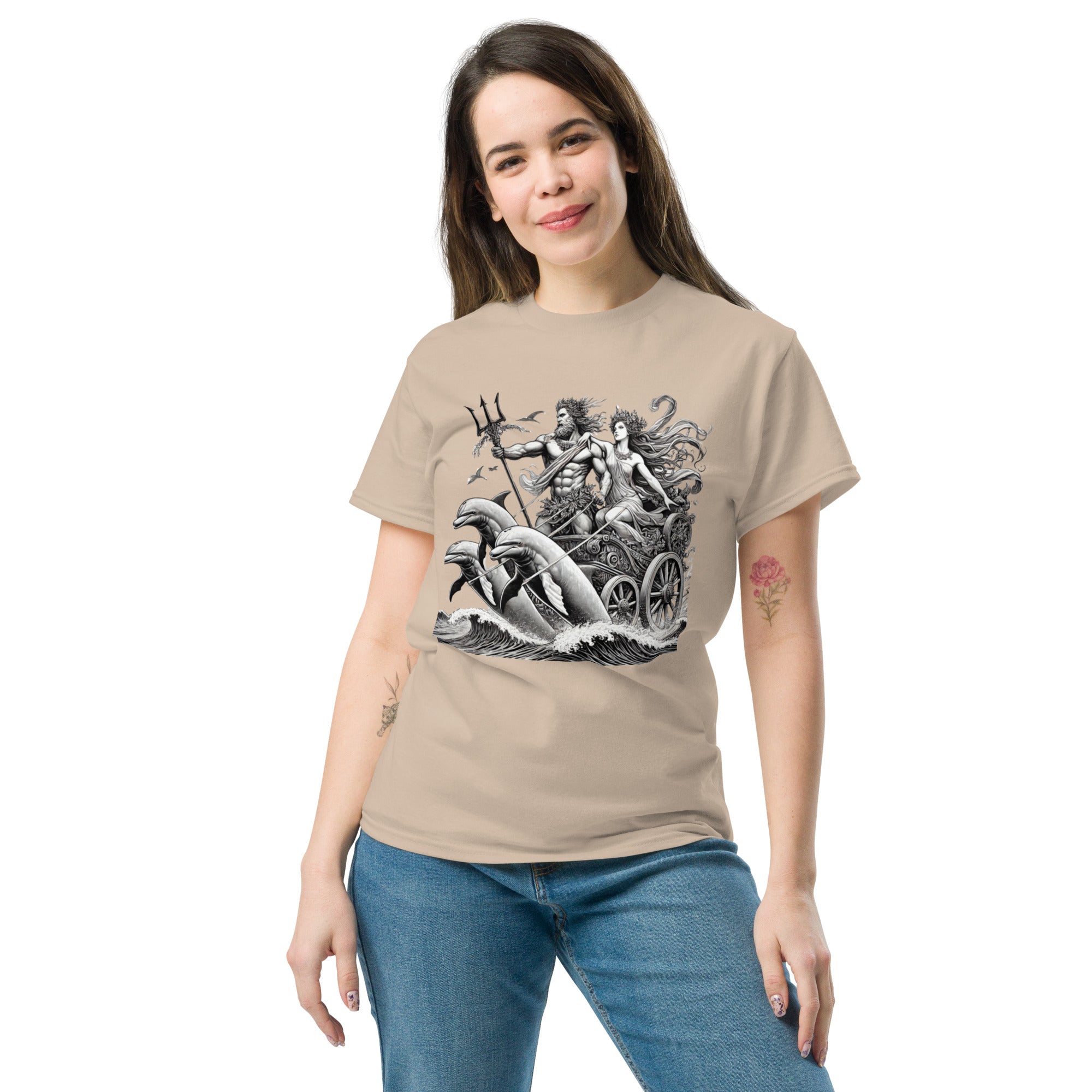 Poseidon and Amphitrite Chariot with Dolphins T-Shirt in Sand