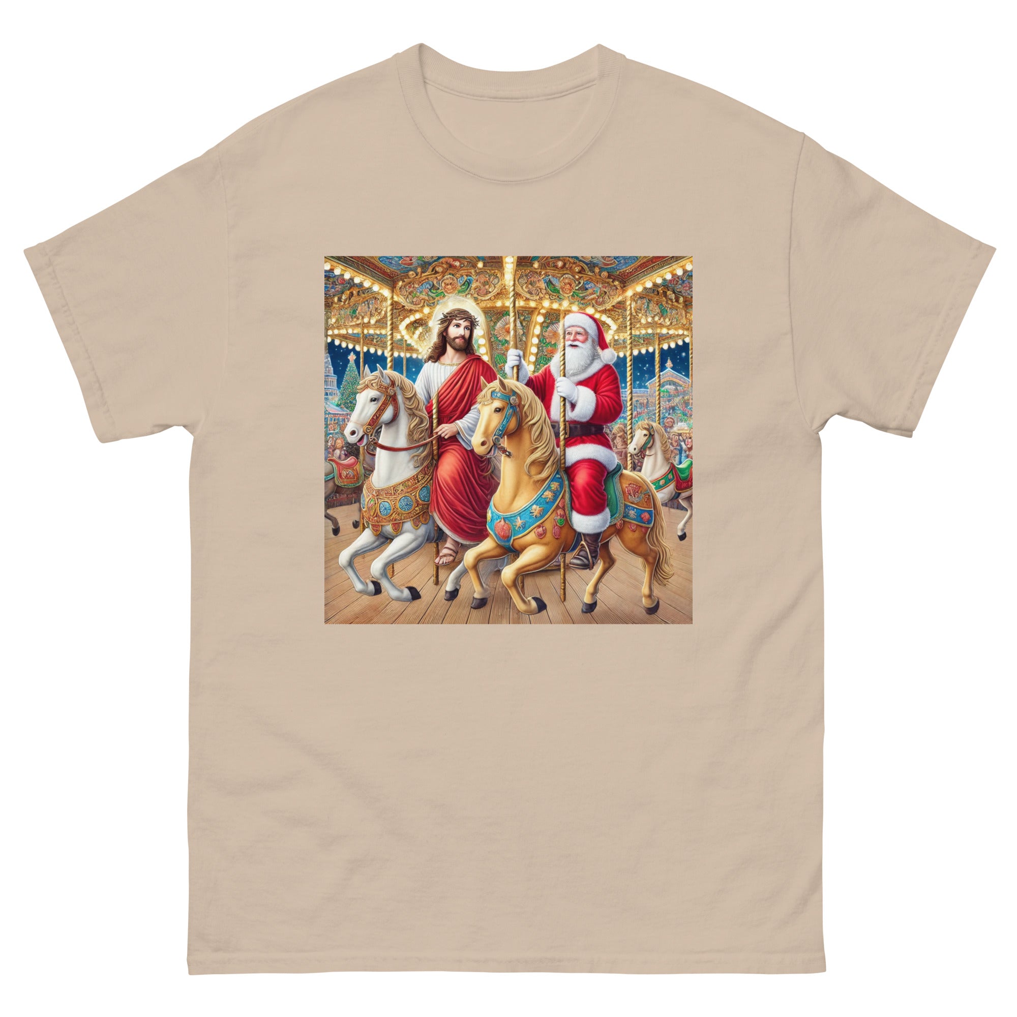 Santa and Jesus riding a carousel tee