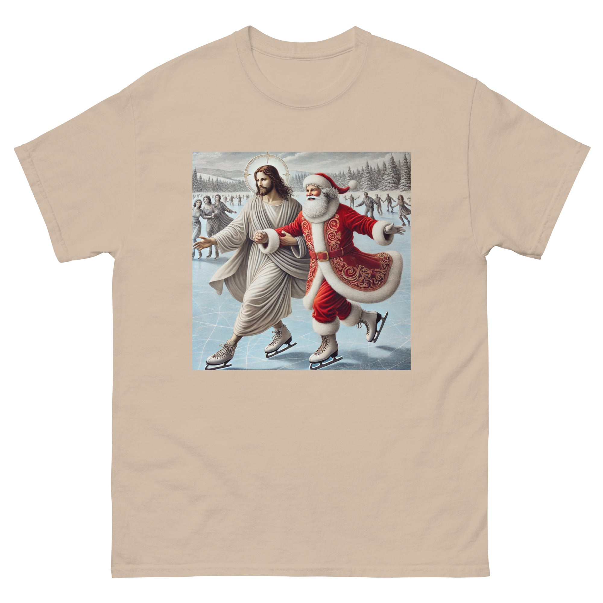 Santa and Jesus Ice Skating tee