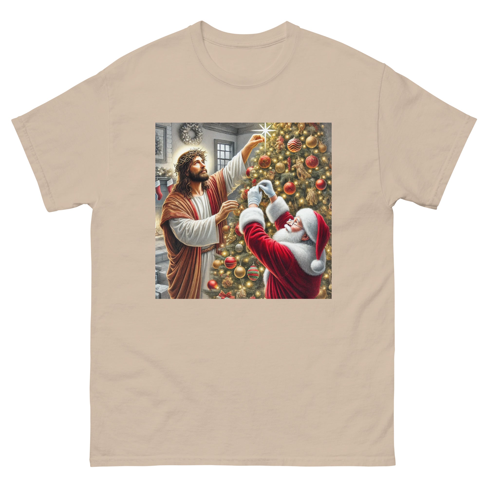 Santa and Jesus Decorating the Tree tee