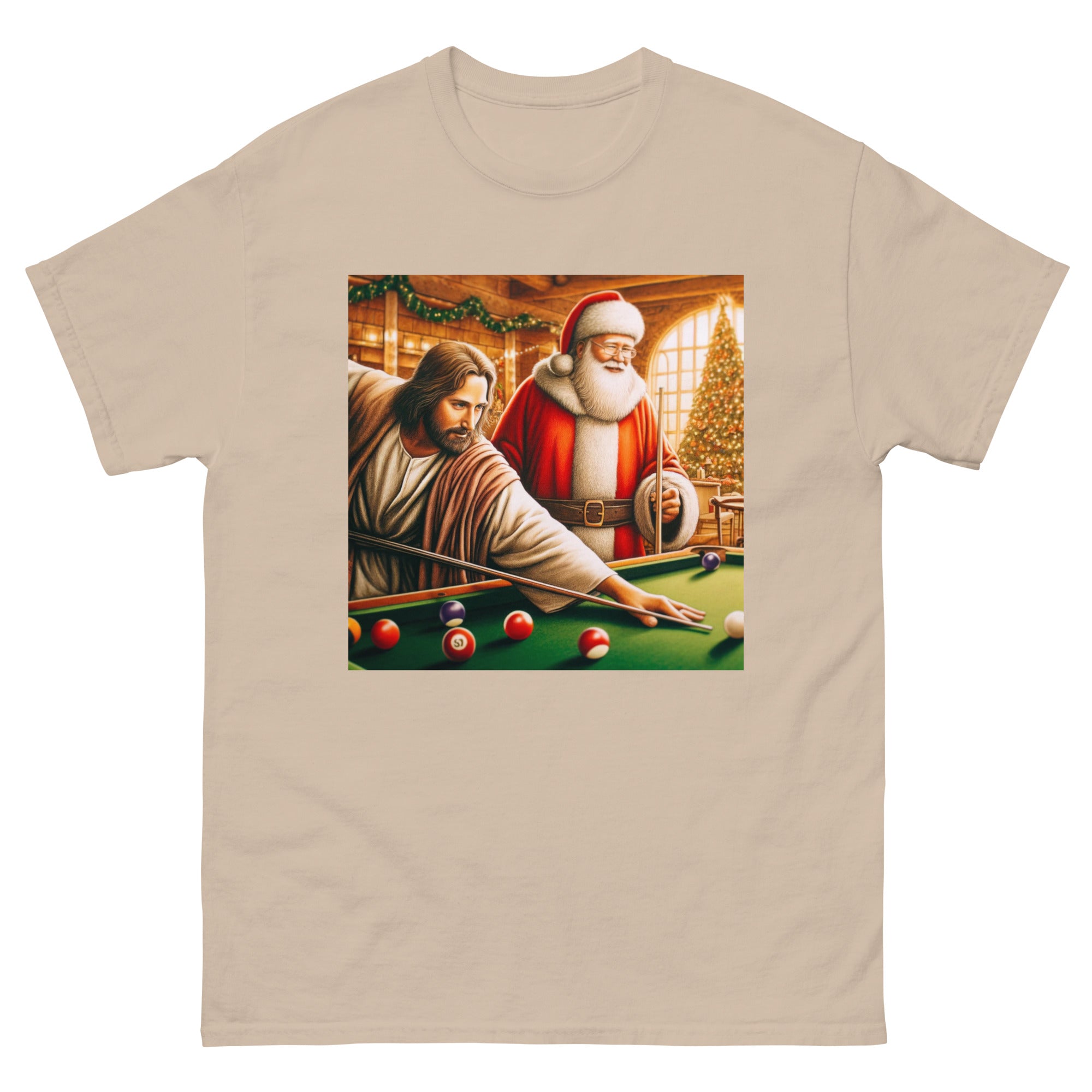 Santa and Jesus Shooting Pool tee