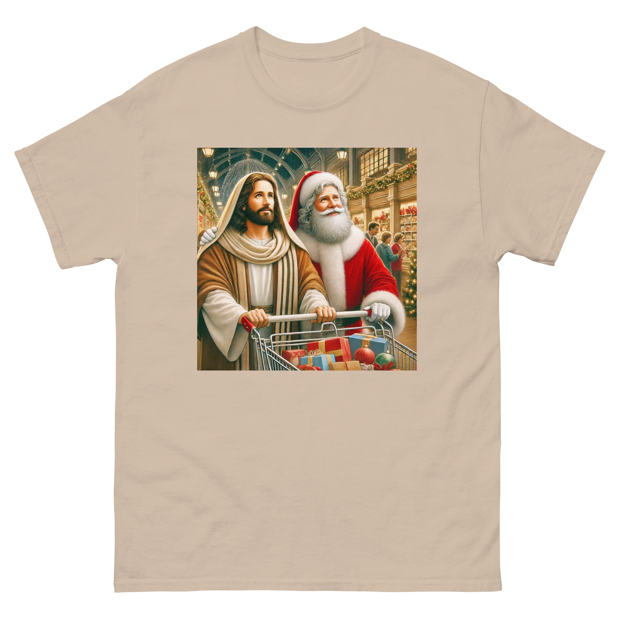 Santa and Jesus Christmas Shopping tee