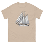 Gaff rig ketch sailboat line drawing t-shirt in sand, front view