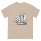 Gaff rig ketch sailboat line drawing t-shirt in sand, front view