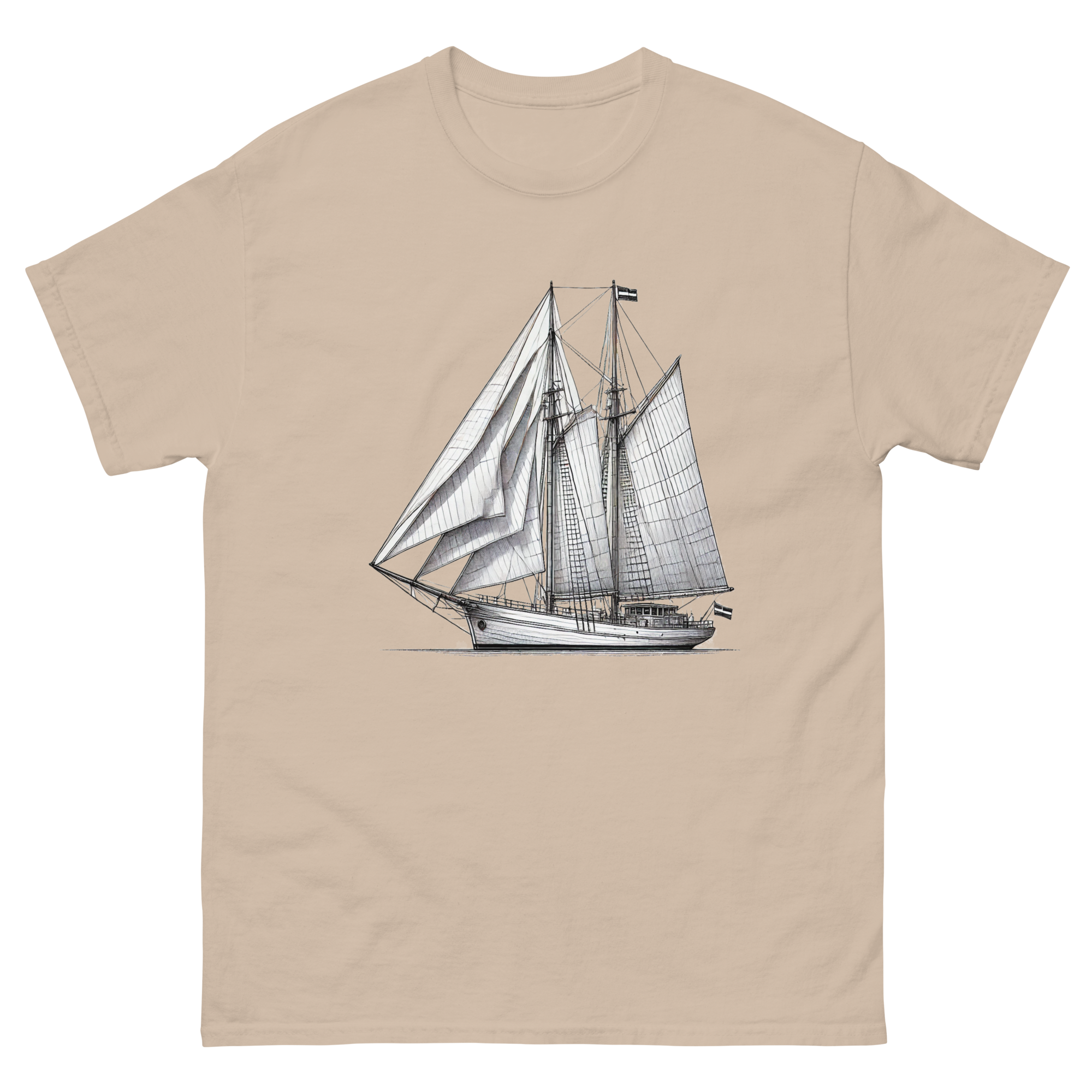 Gaff rig ketch sailboat line drawing t-shirt in sand, front view