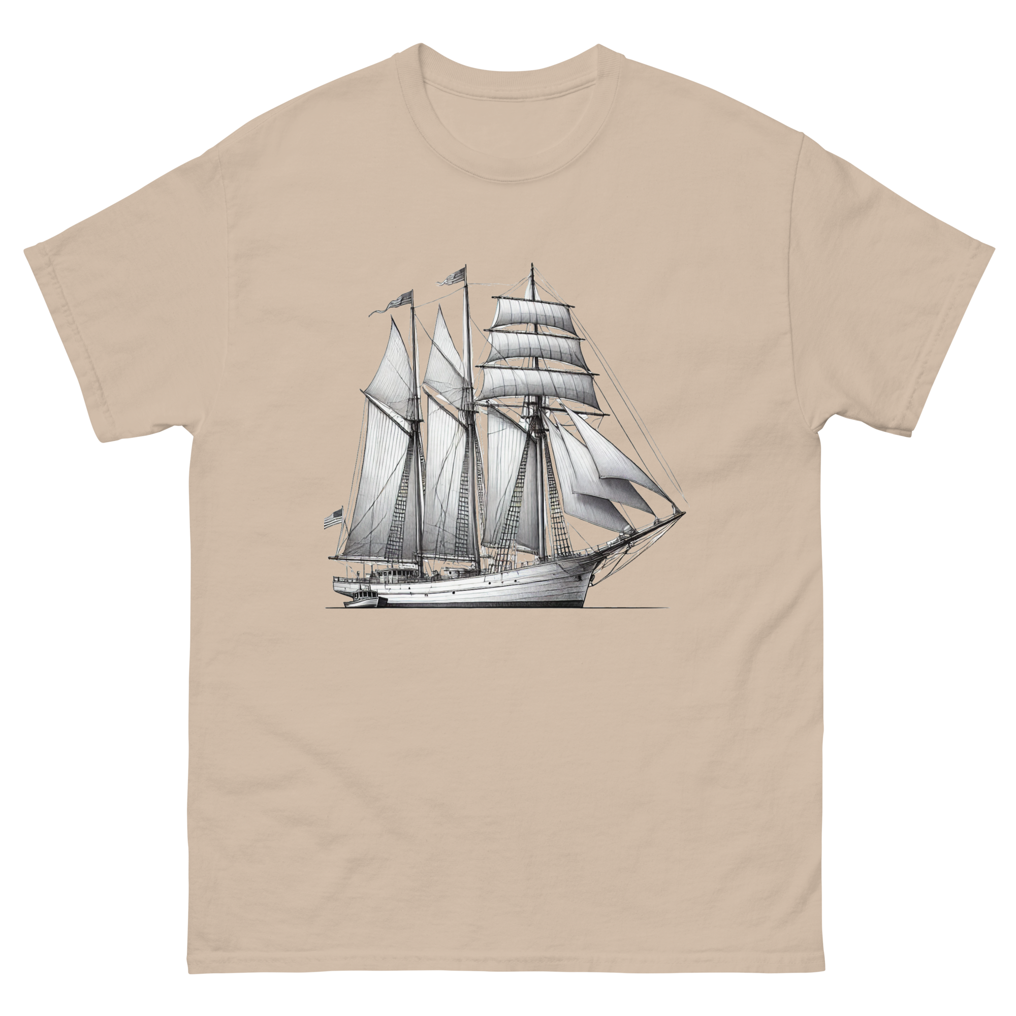 Schooner sailboat line drawing t-shirt in sand color, front view