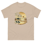 Beach serene scene at sunset t-shirt in sand color, front view