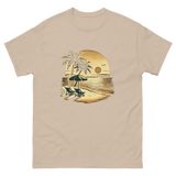 Beach serene scene at sunset t-shirt in sand color, front view