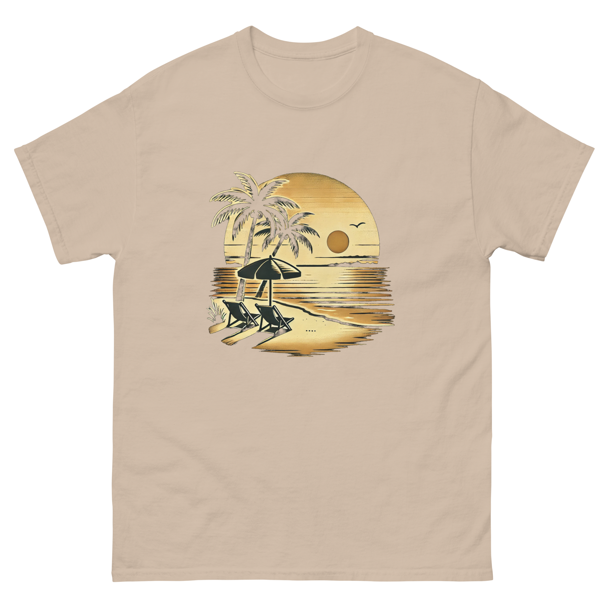 Beach serene scene at sunset t-shirt in sand color, front view