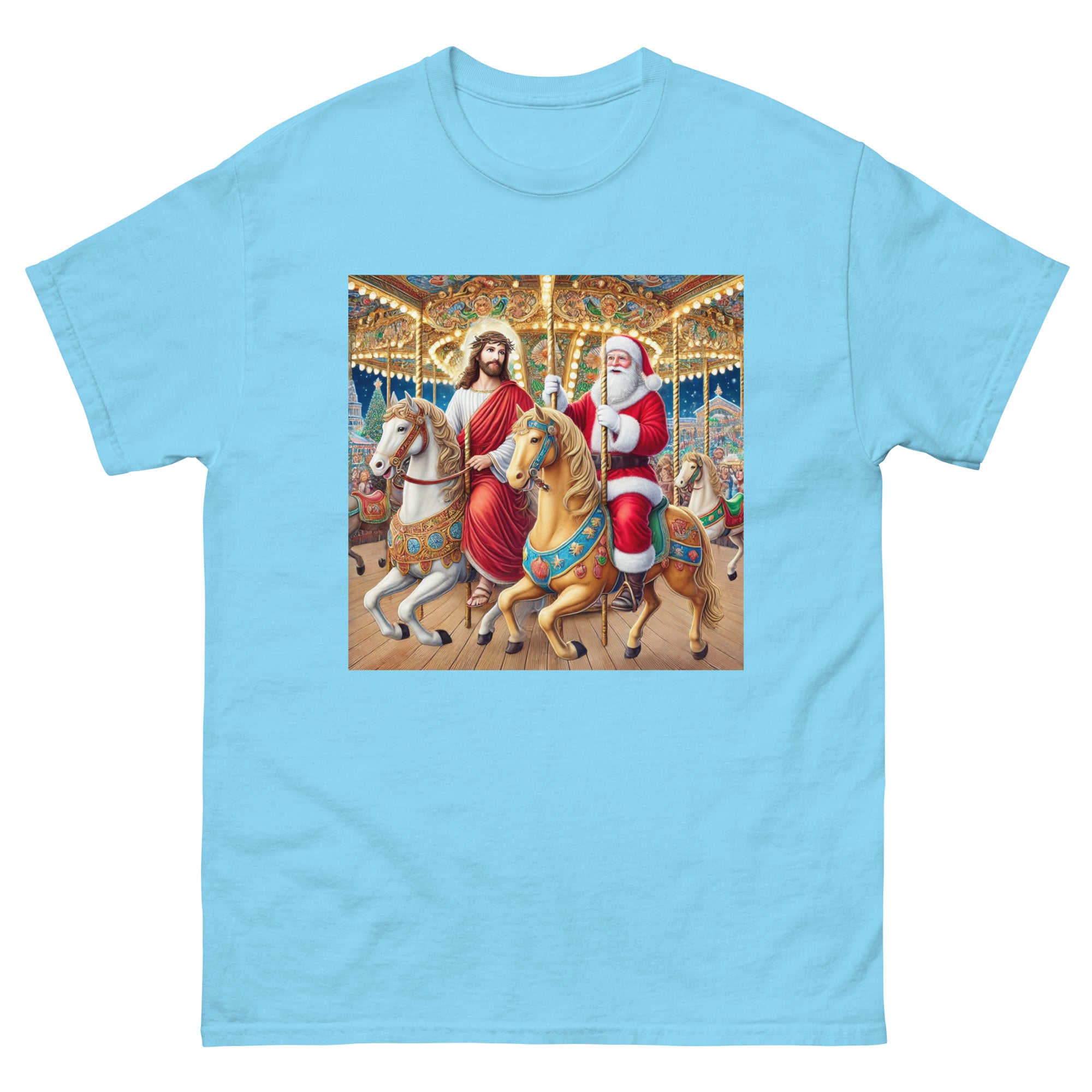 Santa and Jesus riding a carousel tee