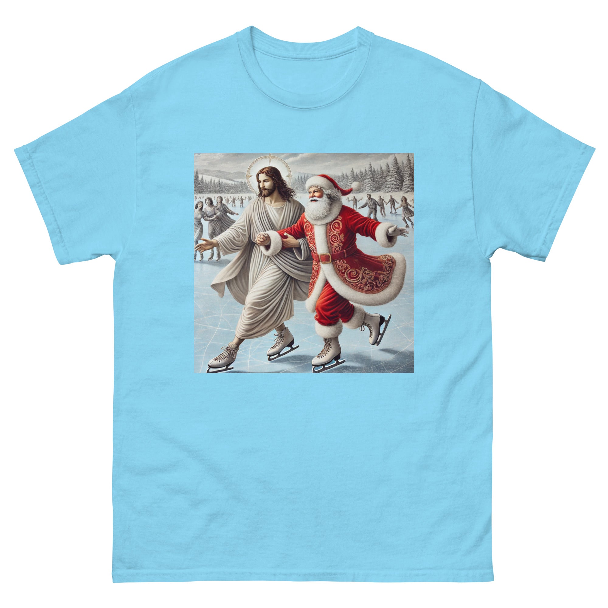 Santa and Jesus Ice Skating tee