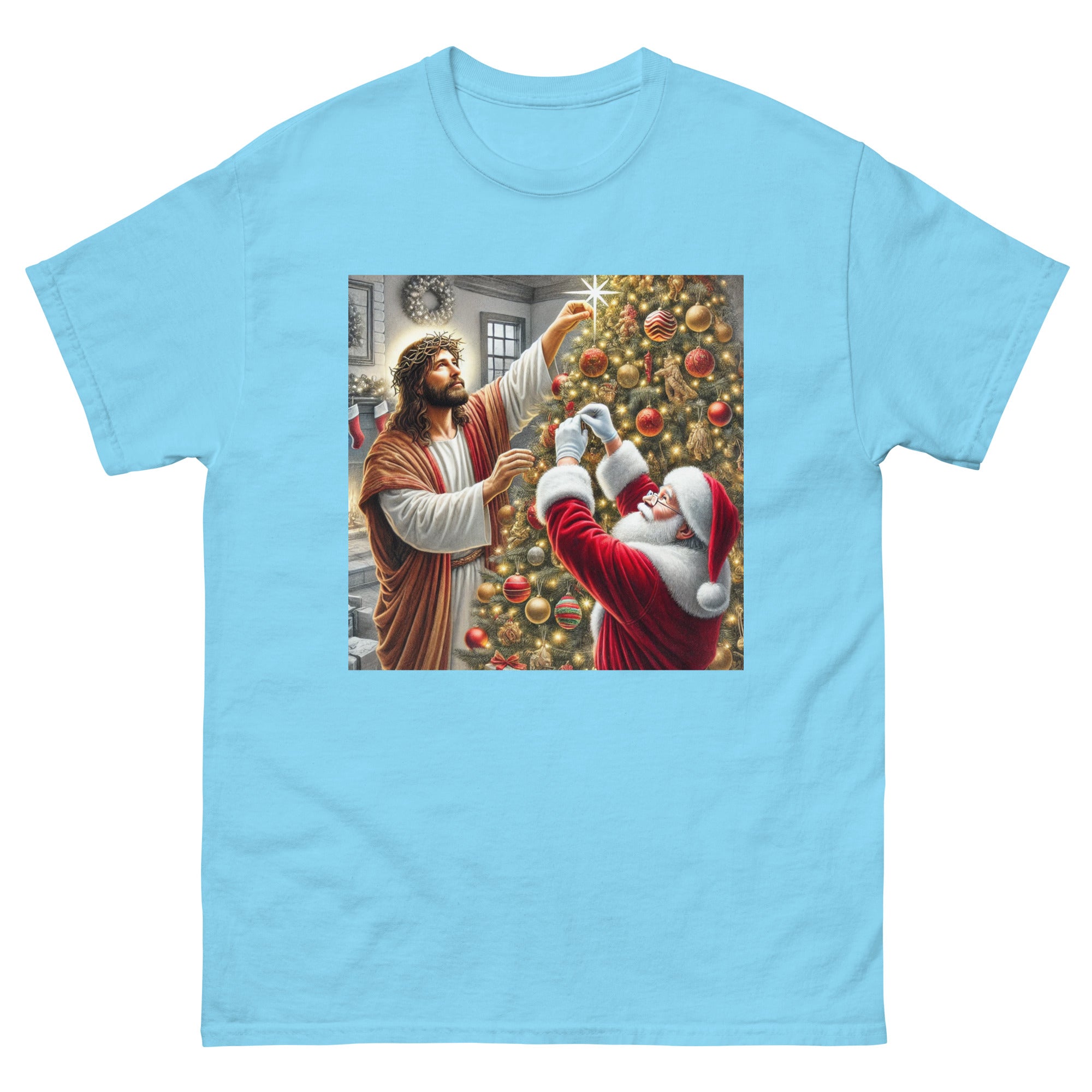 Santa and Jesus Decorating the Tree tee