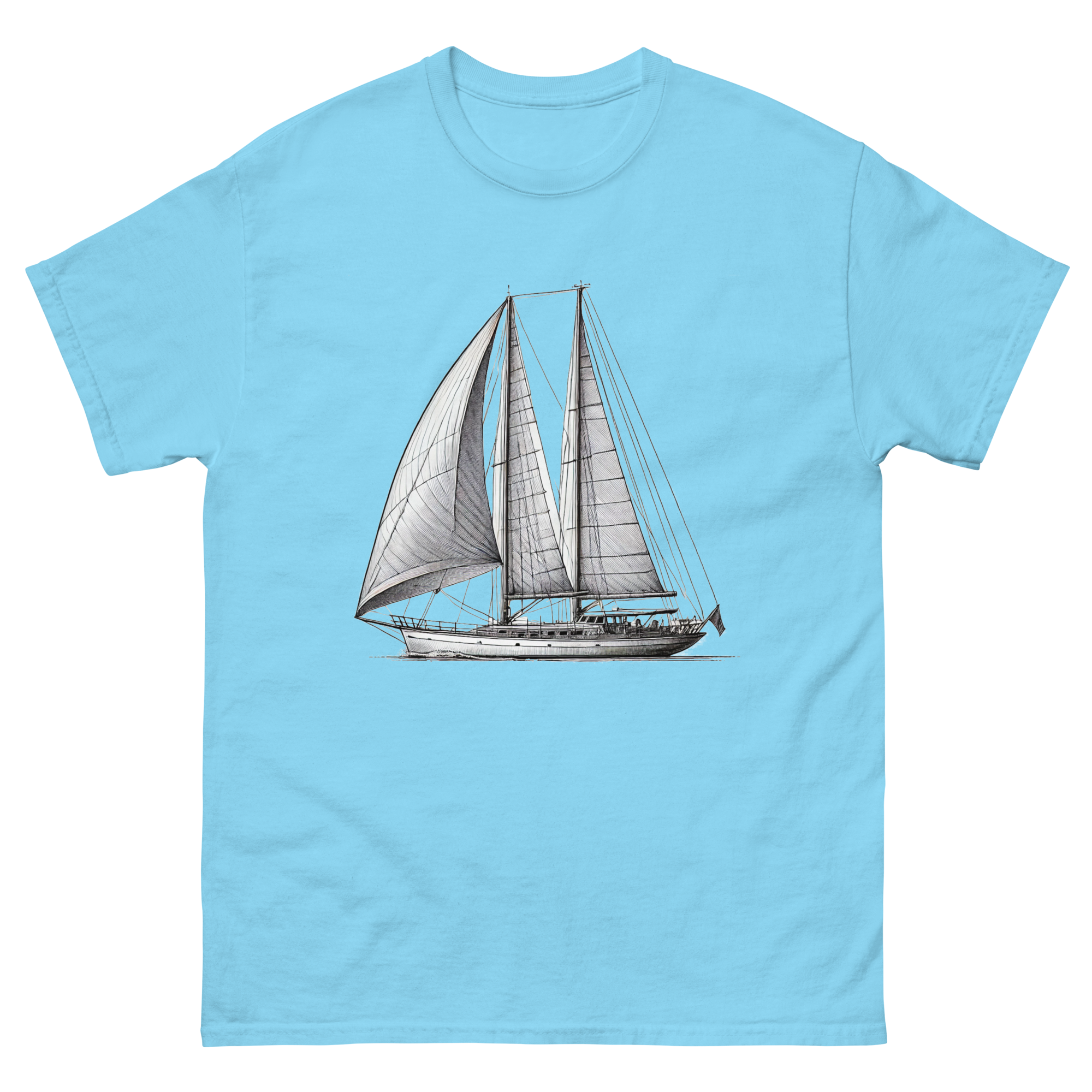 Ketch Sailboat Line Drawing T-Shirt in Sky