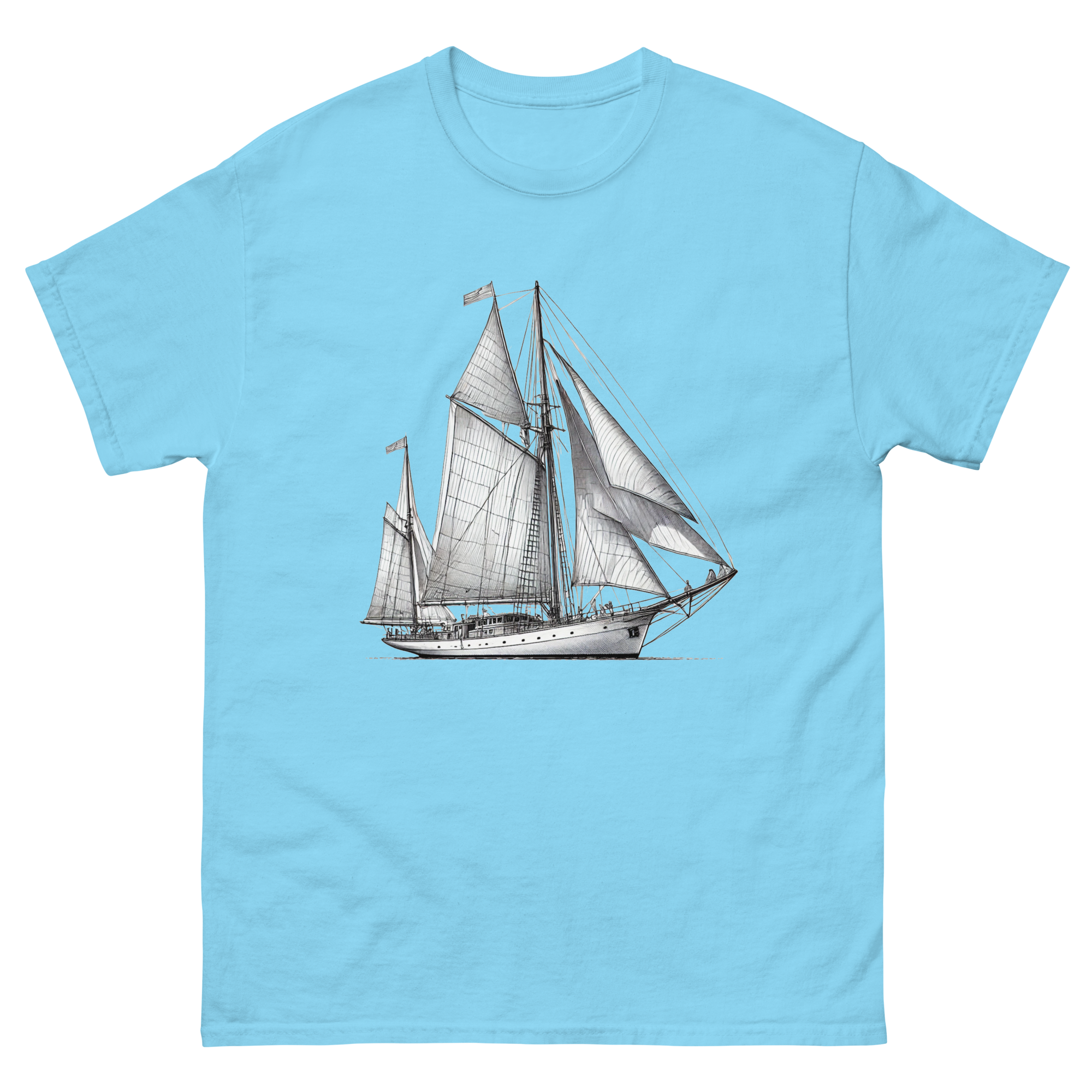 Cutter Rig Yawl Sailboat Line Drawing T-Shirt in Sky