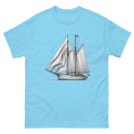 Gaff rig ketch sailboat line drawing t-shirt in sky, front view