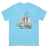 Gaff rig ketch sailboat line drawing t-shirt in sky, front view