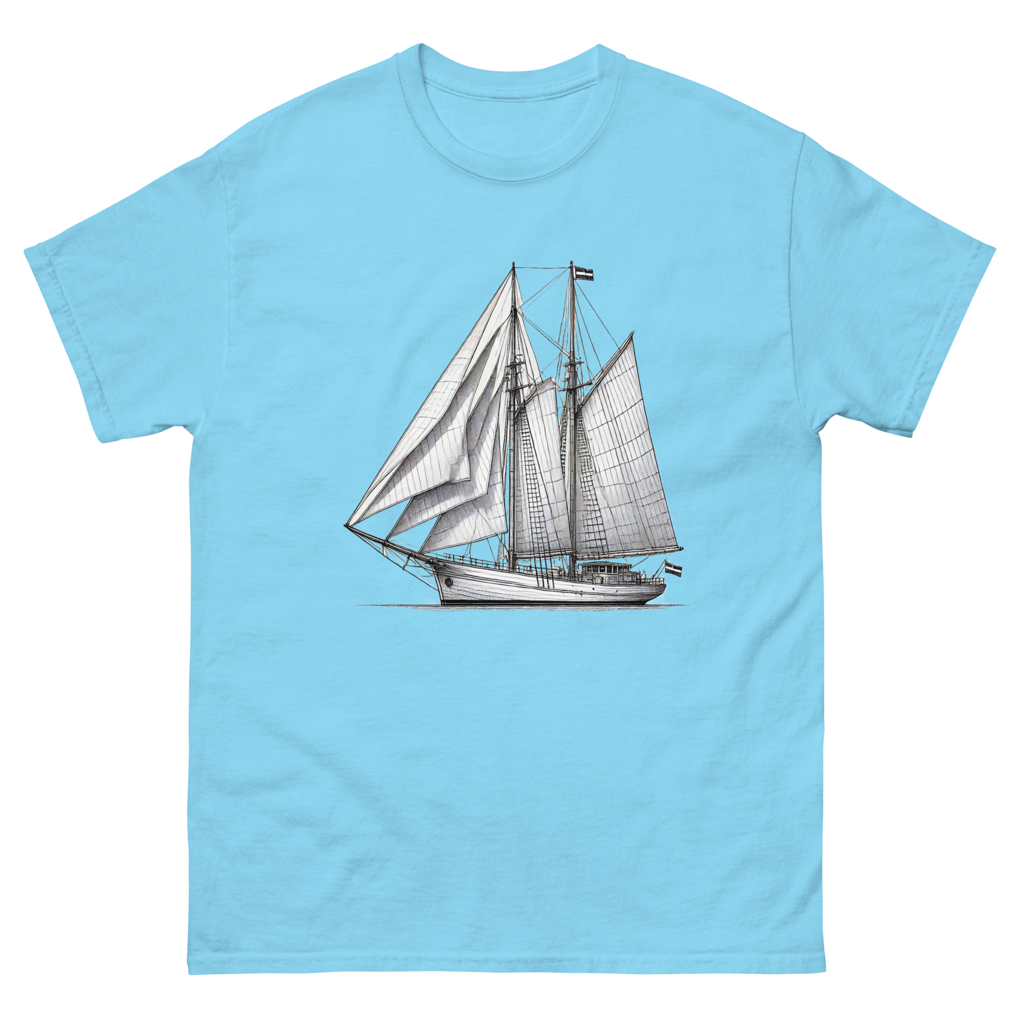 Gaff rig ketch sailboat line drawing t-shirt in sky, front view