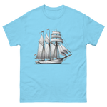 Schooner sailboat line drawing t-shirt in sky blue color, front view