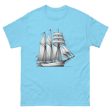 Schooner sailboat line drawing t-shirt in sky blue color, front view