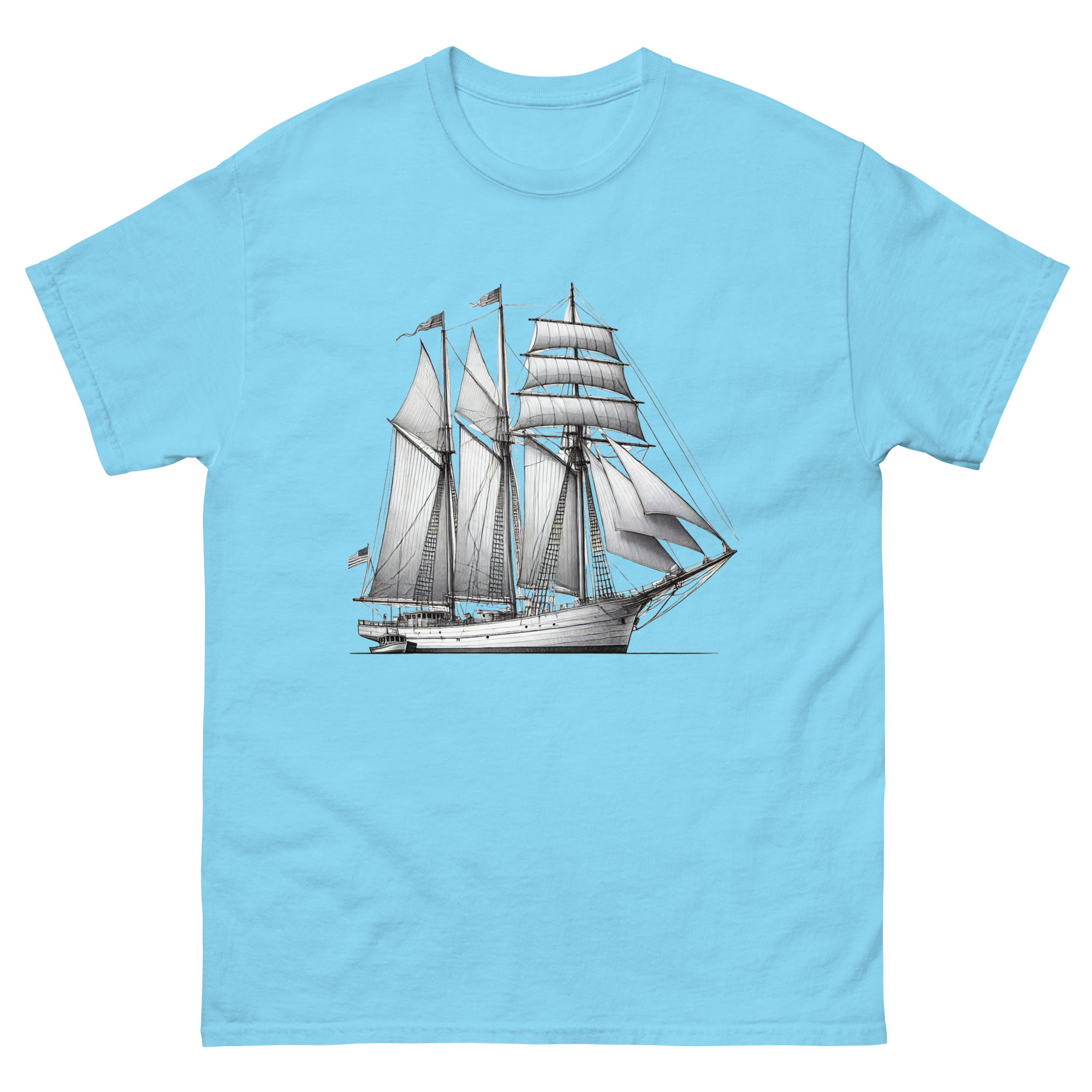 Schooner sailboat line drawing t-shirt in sky blue color, front view