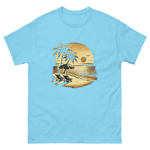 Beach serene scene at sunset t-shirt in sky blue color, front view