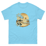 Beach serene scene at sunset t-shirt in sky blue color, front view