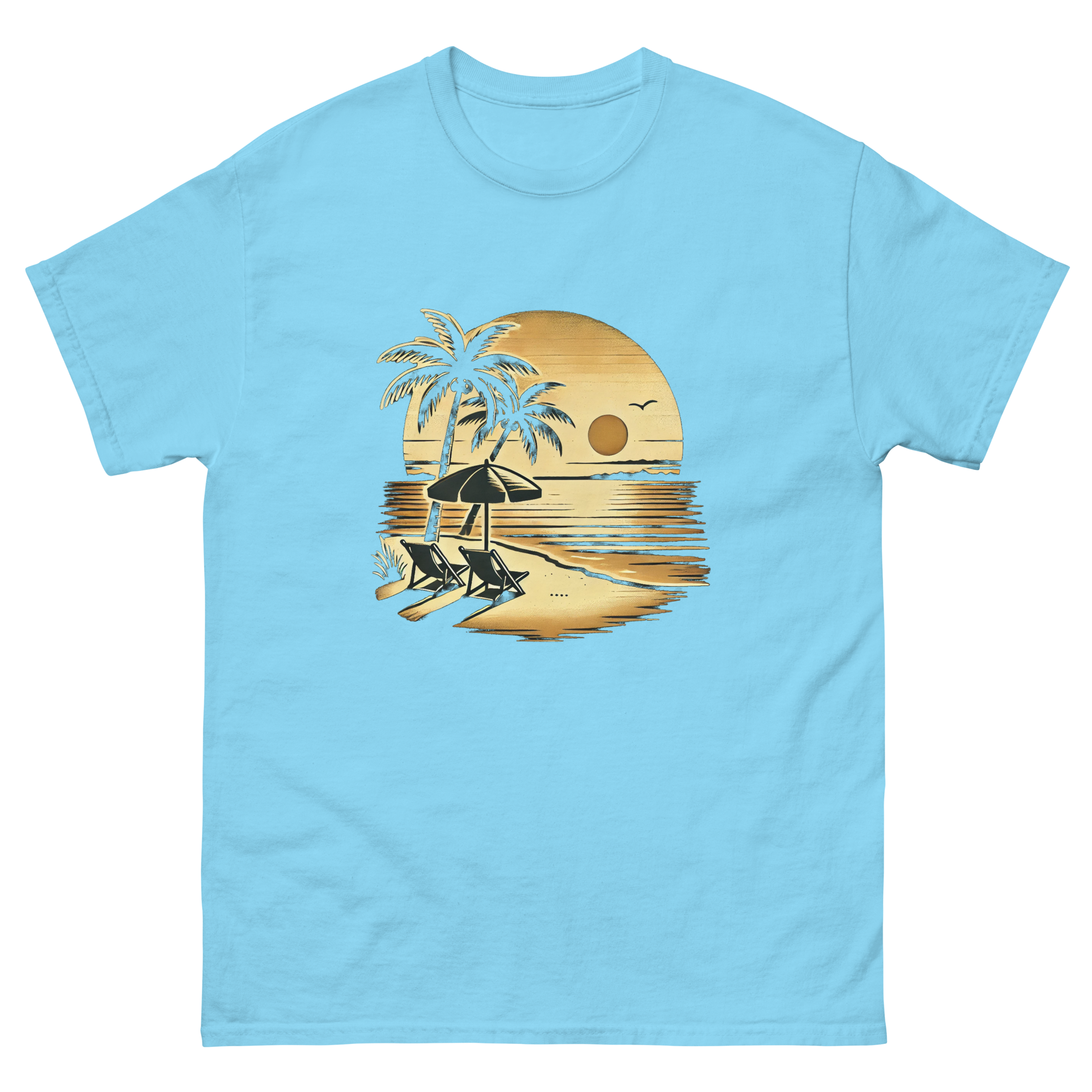 Beach serene scene at sunset t-shirt in sky blue color, front view