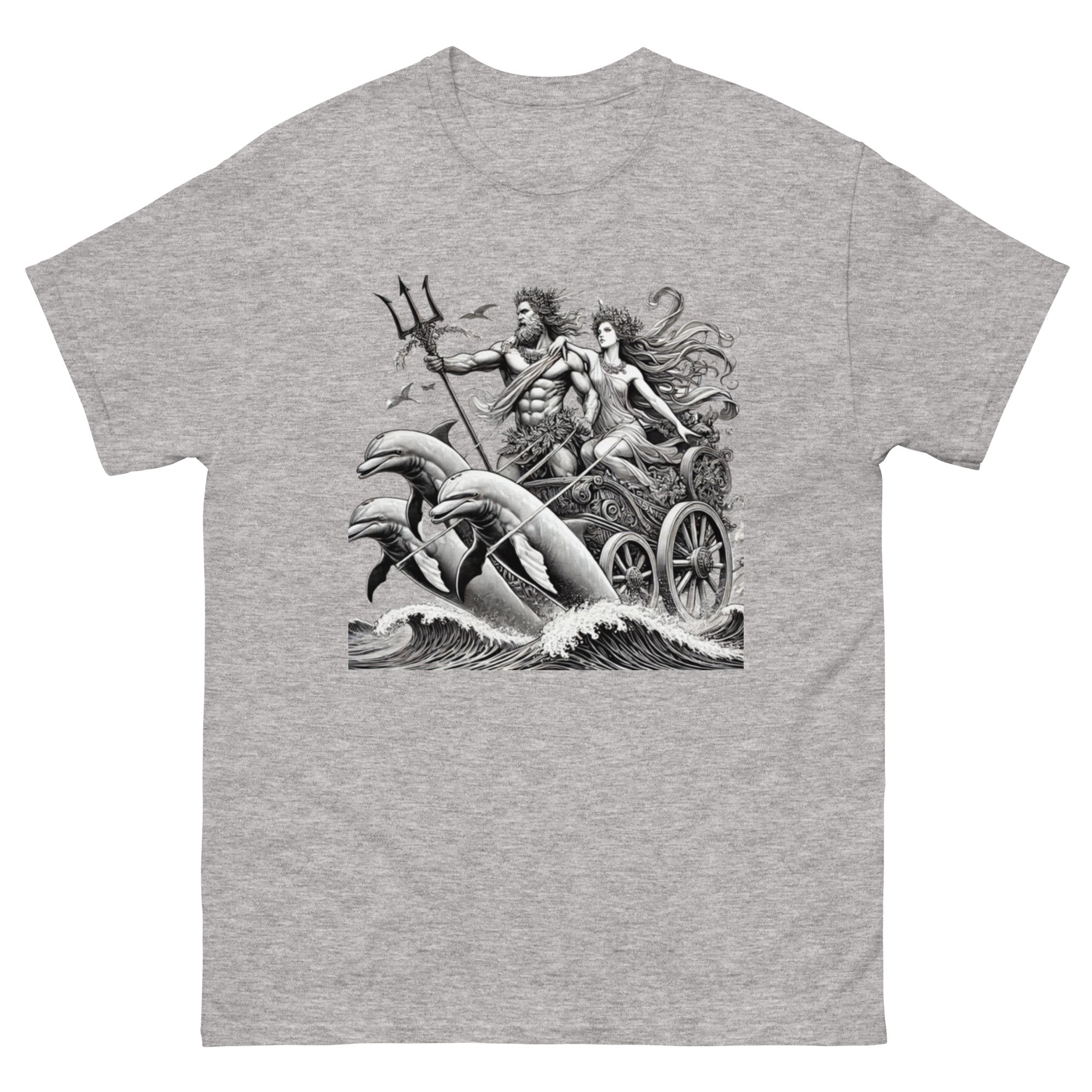 Poseidon and Amphitrite Chariot with Dolphins T-Shirt in Sport Grey