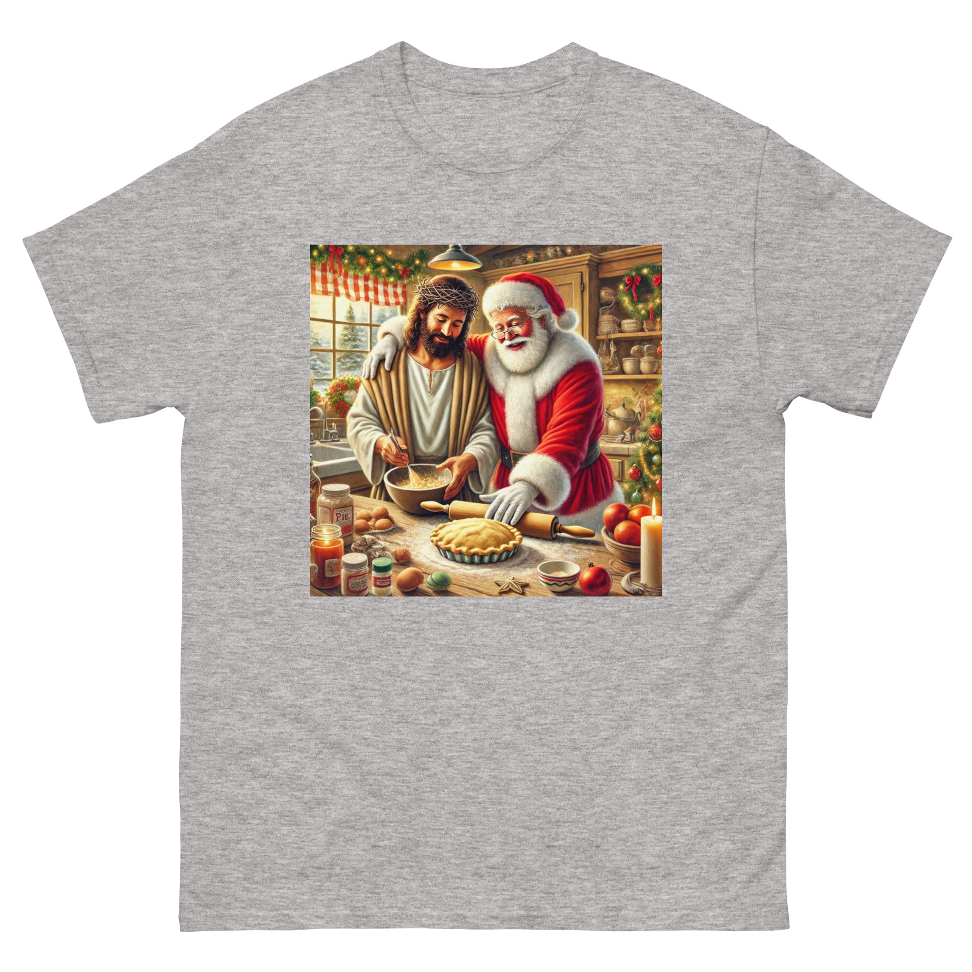 Santa and Jesus Making a Pie tee